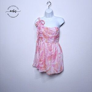 NWT Sky To Moon Marble Ruched One-Shoulder Mini Dress Pink Orange  Women L
